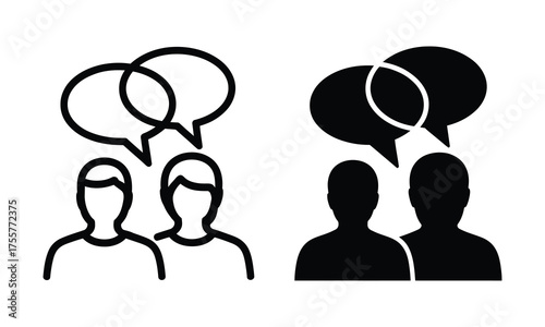 Two sets of silhouettes depicting people communicating through speech bubbles