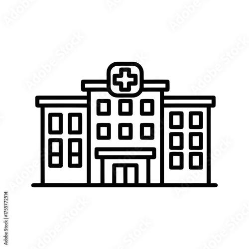 Simple line icon hospital building with cross symbol, representing healthcare, medical services, and wellness