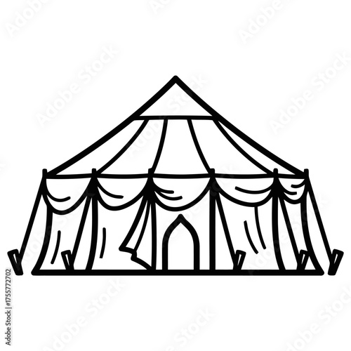 Black outline drawing large, ornate tent, possibly circus or event tent, isolated on transparent, symbolizing entertainment and gatherings
