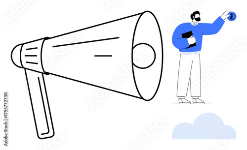 Large megaphone and man holding tablet while showcasing a spiral. Ideal for communication, teamwork, leadership, marketing, creativity, public speaking, advertising. Minimalistic flat metaphor