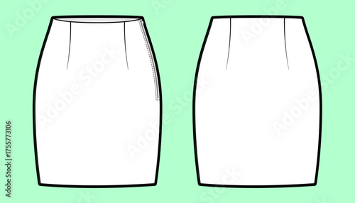 Fitted Pencil Skirt – Dual Technical Flat Sketch with Darts and Side Zipper Variation