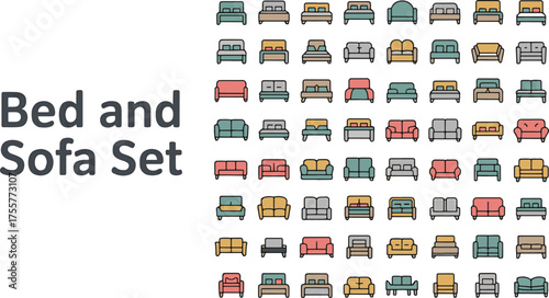 Colorful bed and sofa icons collection for furniture design and interior decor