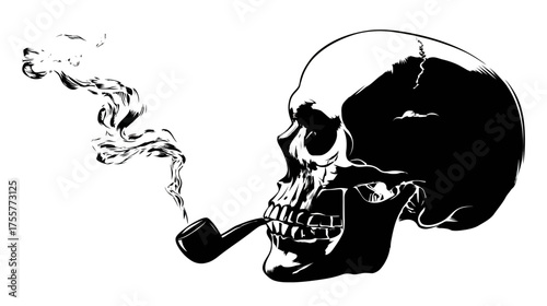 Stylized illustration of a skull smoking a pipe with wisps of smoke