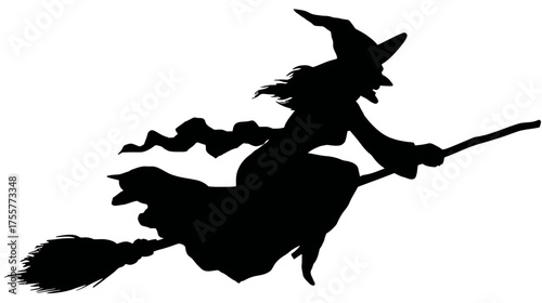 Silhouette of a witch with flowing robe and scarf flying on a broom