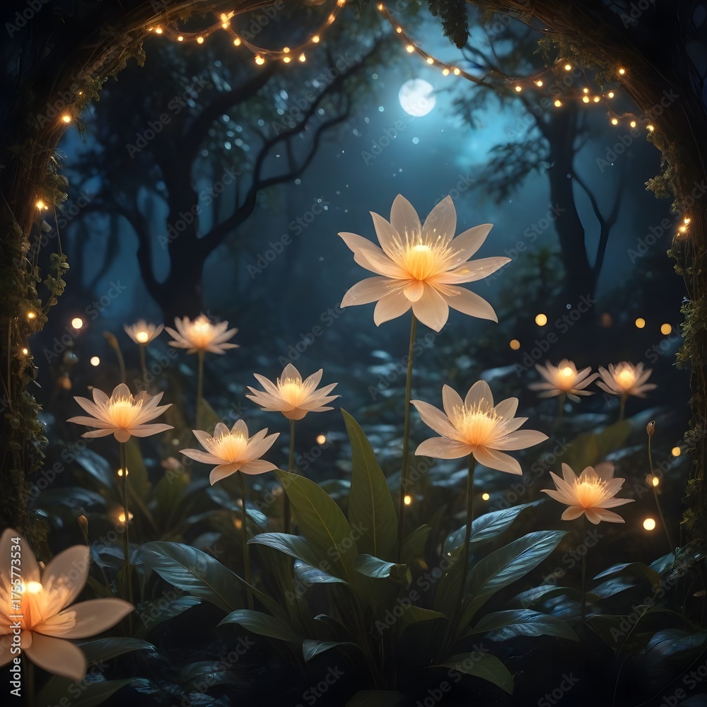 Fototapeta premium Enchanting night scene with luminous lotus flowers under a moonlit sky, adorned with fairy lights