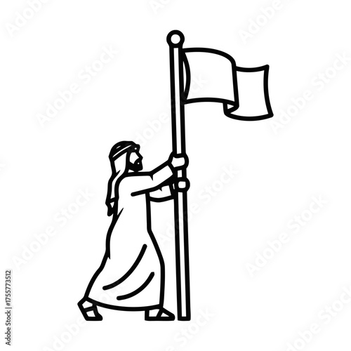Man in traditional arab clothing raising flag on pole