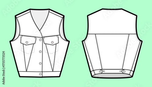 Classic Denim Vest Flat Sketch with V-Neck and Flap Pockets - Front and Back