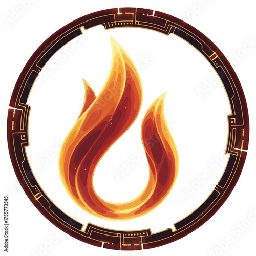 A hyper flame emblem, glowing like living fire frozen in time, designed in minimal fluid shape, golden-red with radiant light edges.

