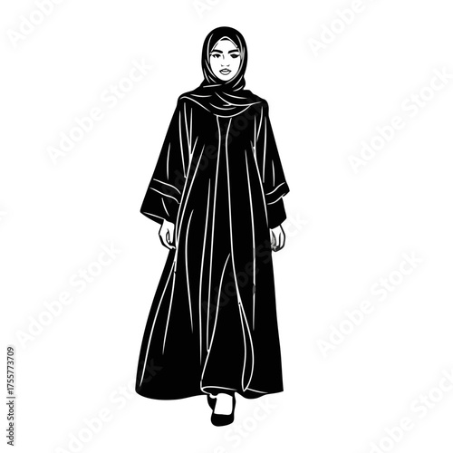 Woman wearing black abaya and hijab, standing and looking forward