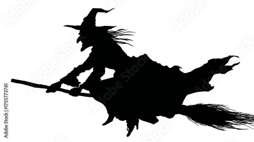 Silhouette of a witch on a broomstick, hair blowing backward, with a tattered cape