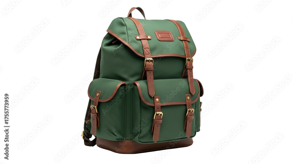 Naklejka premium Green Backpack with Brown Leather Straps and Gold Buckles on Transparent Background