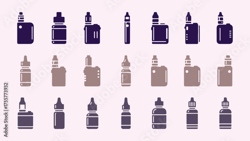 Vector icons of vape devices and eliquid bottles on a white background