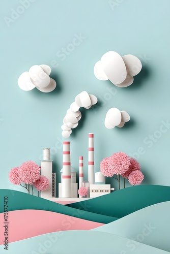 Stylized papercraft industrial scene with smoke clouds and pink trees on pastel hills