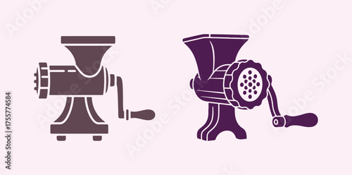 Solid icon of a meat grinder. Manual mincer symbol, depicted in a glyph style on a beige background. An old meat grinder tool sign for mobile concept web design. Vector graphics.