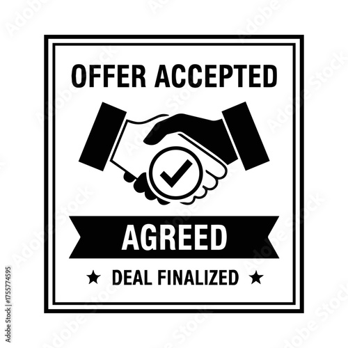 Offer Accepted Stamp with Handshake, Checkmark, and Deal Finalized Banner