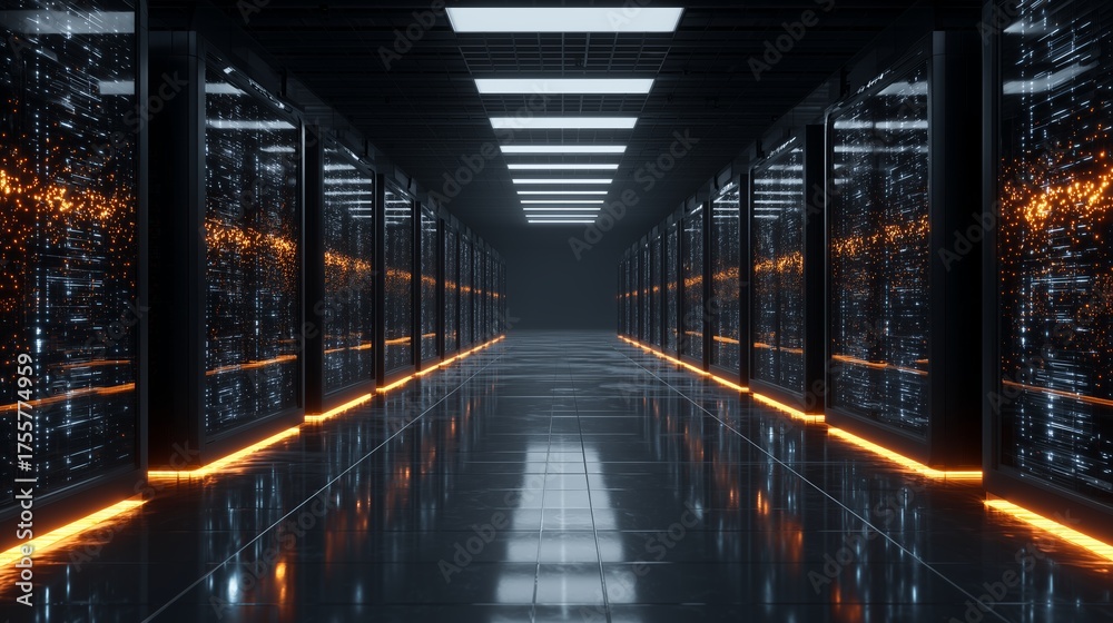Fototapeta premium Futuristic data center corridor with glowing servers and sleek reflective flooring design
