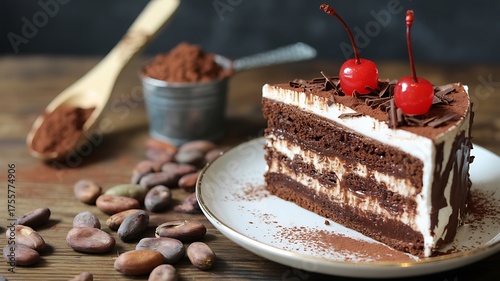 Chocolate Layer Cake Slice with Cream Filling and Cherry Garnish