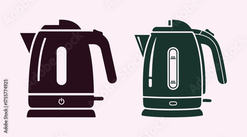 Black electric kettle icons in a linear and silhouette style. A thin line representation of a teapot. Vector icon shape of an electric kettle, a simple symbol up close.