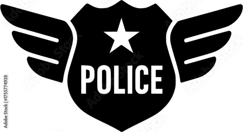 Winged police badge emblem with star symbol in bold black silhouette representing law enforcement, security, and authority