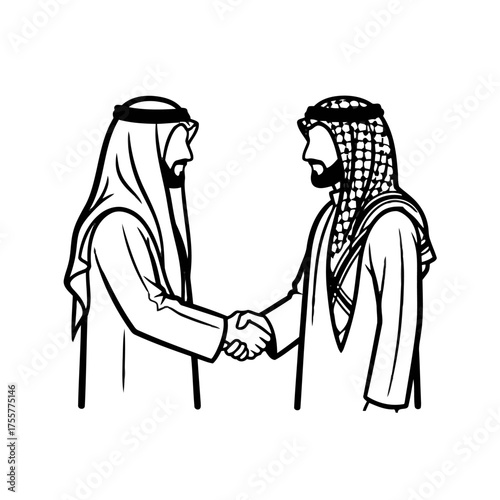 Two arab men in traditional clothing shaking hands, symbolizing agreement and partnership