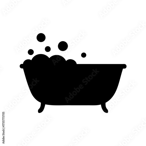 Black Silhouette of a Bathtub Filled with Bubbles on a White Background