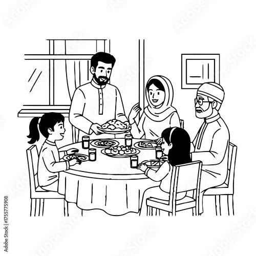 Heartwarming black and muslim family enjoying meal together around dining table, depicting togetherness and cultural tradition, isolated on transparent