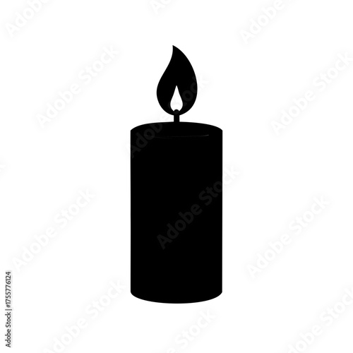 Simple black silhouette of a candle with a bright flame on top