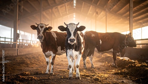Three cows stand indoors in a bright, sunlit barn, some gazing at the viewer, others turned away
