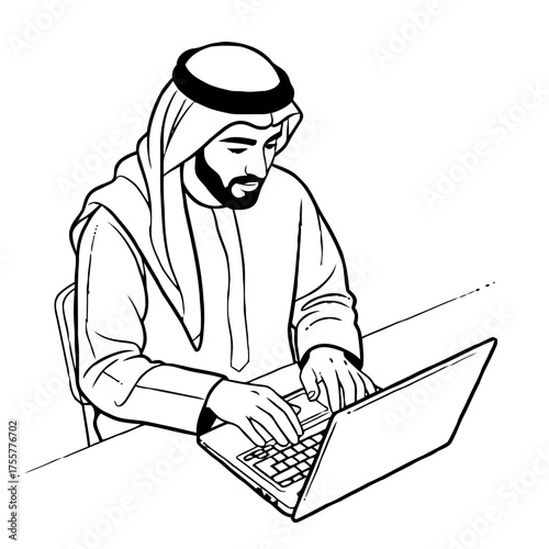 Black and line drawing an arab man wearing traditional clothing, typing on laptop computer, symbolizing technology, work, and modern life in the middle east
