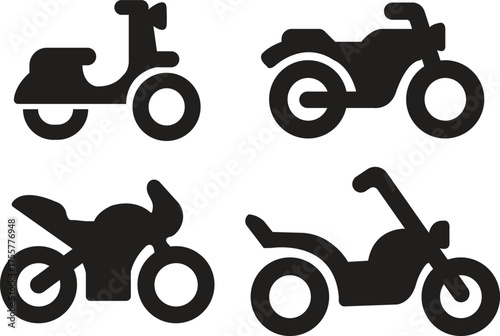Motorcycle icon set in flat styles with scooter, chopper, cruiser and sport bike silhouette symbols, modern transportation vehicle vectors illustration designs for automotive and motorbike concepts.