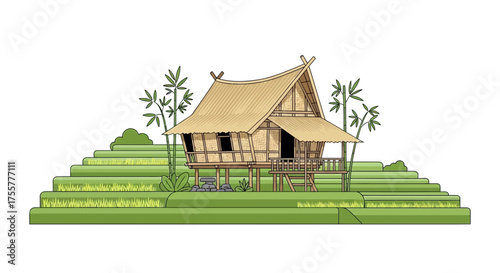 Charming thatched hut nestled among vibrant rice terraces, a tranquil escape to rural Asia, perfect for travel blogs, cultural promotions, and serene designs