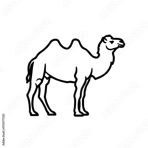 Black and outline dromedary camel with two humps, standing on plain transparent, symbolizing desert travel and arid environments