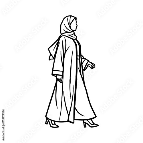 Woman wearing hijab and an abaya walks gracefully, , representing elegance and modest fashion with modern touch, showcasing cultural attire in simple line style