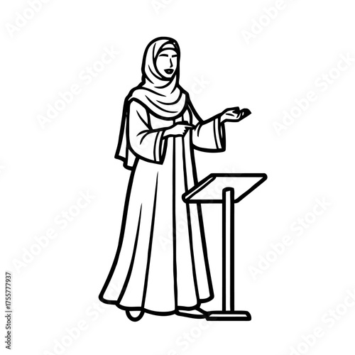 Woman in hijab and abaya stands at podium, gesturing with her hands, , symbolizing public speaking, presentation, or education in clean line style