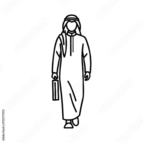Line drawing man in traditional arab clothing, walking with briefcase, isolated on transparent, representing business and culture