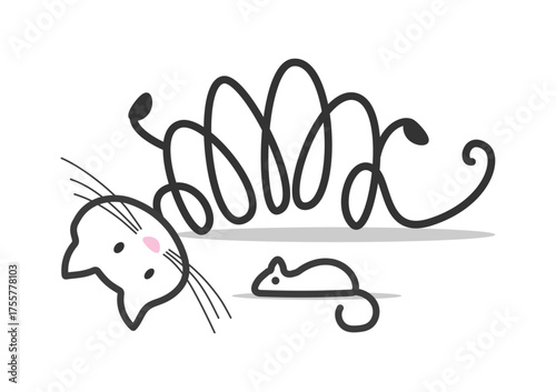 Abstract cat and mouse drawn with a line. Vector illustration of cute animals.