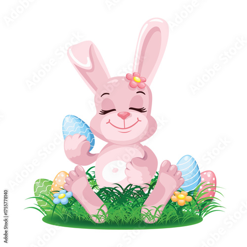 Cute Easter bunny with colored Easter eggs. Vector illustration in cartoon style.