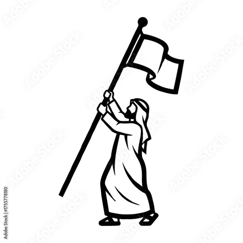 Man in traditional arab clothing holding flag on pole