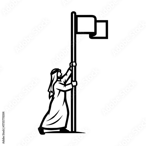 Silhouette an arab man in traditional clothing raising flag on flagpole, symbolizing national pride, unity, and achievement in the middle eastern culture, isolated on transparent