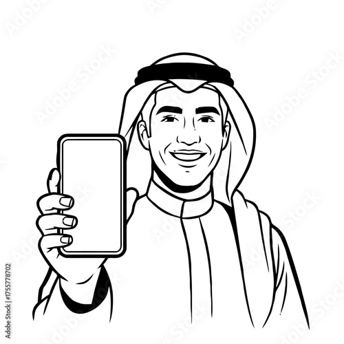 Line drawing smiling arab man wearing traditional keffiyeh and thobe, holding smartphone with blank screen