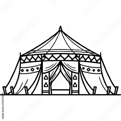 Traditional ornate tent with intricate patterns and draped fabric, suggesting medieval encampment, festival, or royal pavilion