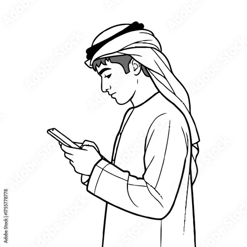 Young arab man in traditional clothing looking at his mobile phone, black and line