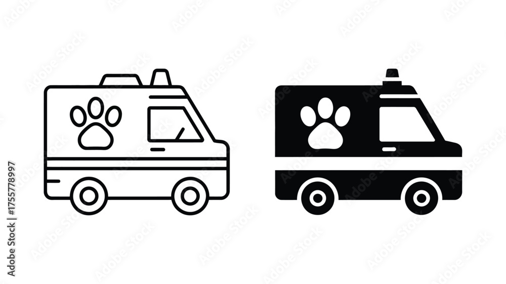 Fototapeta premium Vector art of two animal ambulance icons with a paw print, one in outline and one in solid fill, symbolizes veterinary care