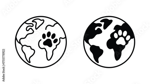 Vector art of two earth globe icons with a paw print, one in outline and one in solid fill, symbolizes animal welfare