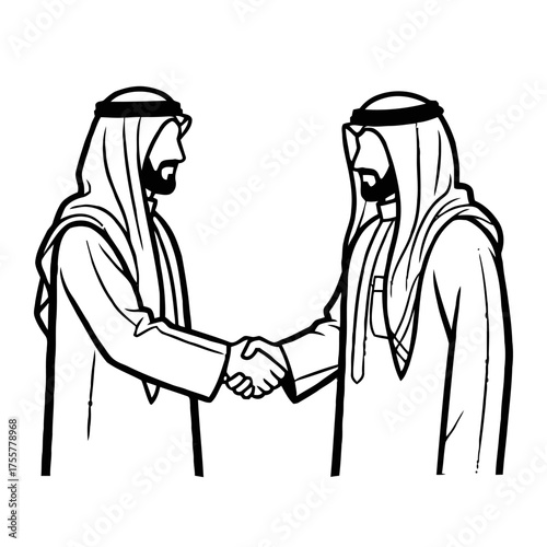 Two men in traditional middle eastern clothing shaking hands in agreement, black and line drawing