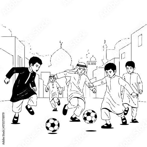 Children in traditional middle eastern clothing playing soccer in street with buildings and mosque in the, black and line drawing