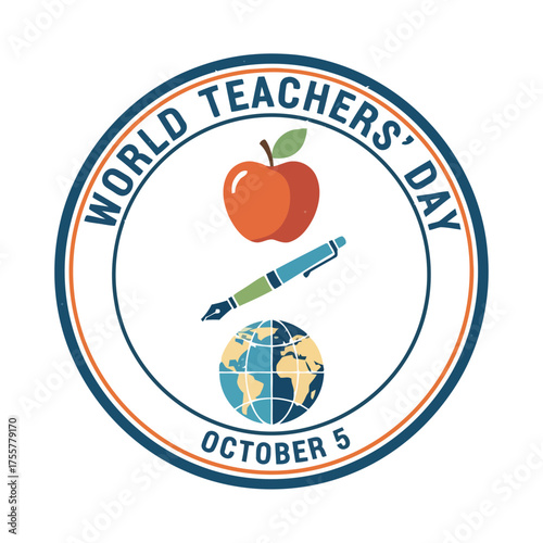 World teachers day emblem featuring an apple, pen, and globe, celebrating educators and their global impact on october 5th