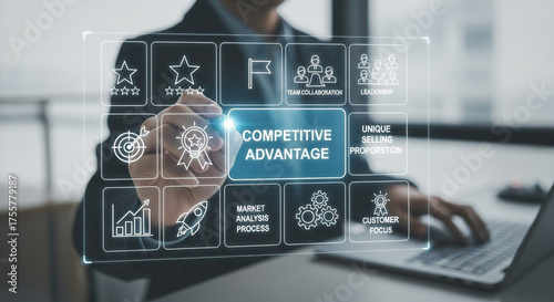 Professional strategist analyzes competitive advantage icons featuring growth, leadership, and customer focus for business success strategies