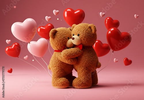 Teddy Bears Hugging with Heart Balloons. Generative Ai
