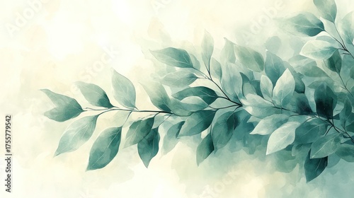 Delicate teal leaves on branch, soft pastel background, art print, wall decor